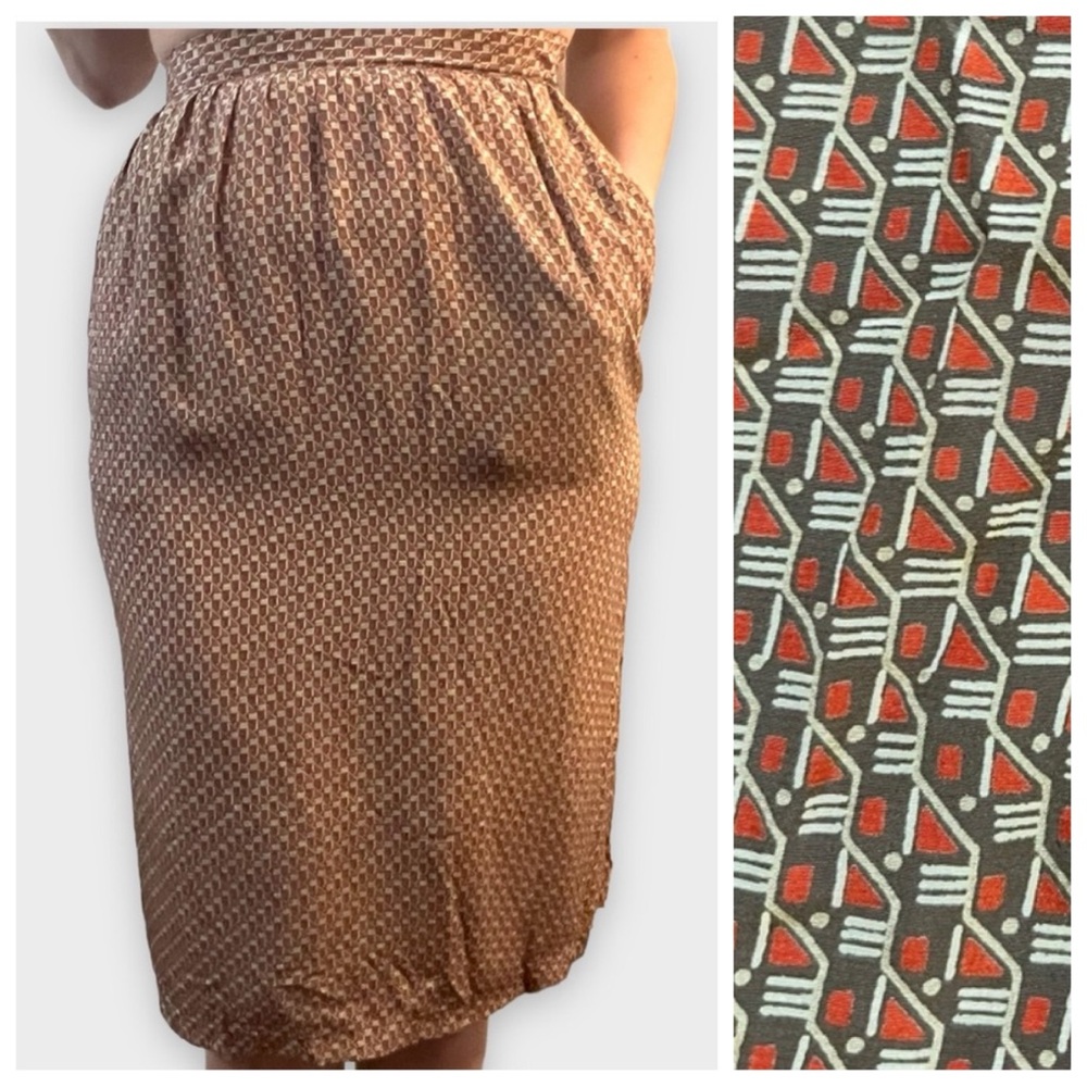 Vintage Oleg Cassini Boutique Brown Print Pencil Skirt, Likely Silk, 25”-26” W